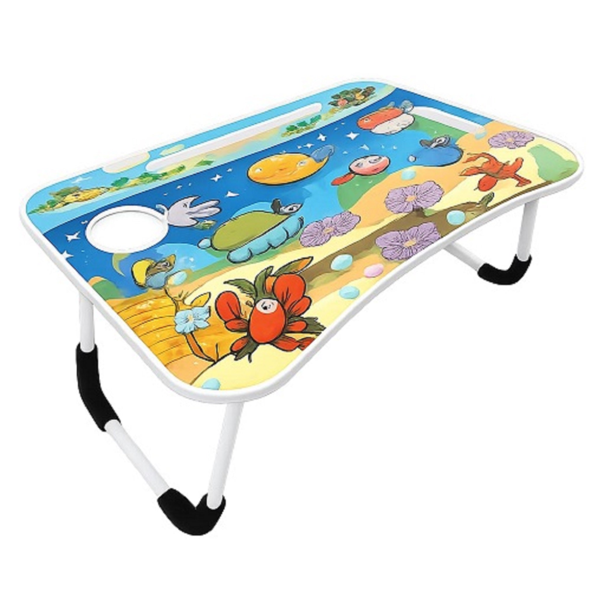 Portable Foldable Kids Study Table with Cup Holder | Cartoon Laptop Bed Desk | Multipurpose Folding Table